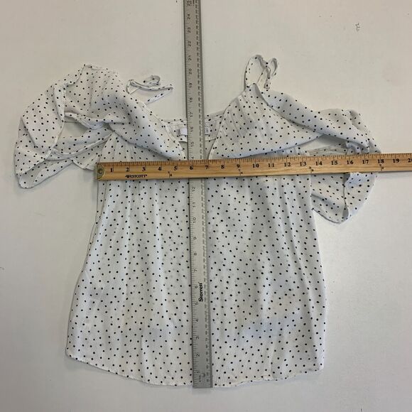 MNG Suit Mango Polka Dot Blouse Womens S Small White Cold Shoulder Drape Shirt - Picture 7 of 11